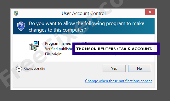 Screenshot where THOMSON REUTERS (TAX & ACCOUNTING) INC. appears as the verified publisher in the UAC dialog